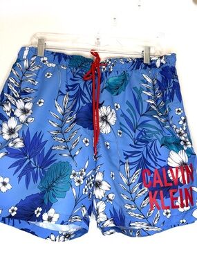 Calvin Klein Men's Swim Trunks Floral Print Quick-Dry Board Shorts Blue Size LG